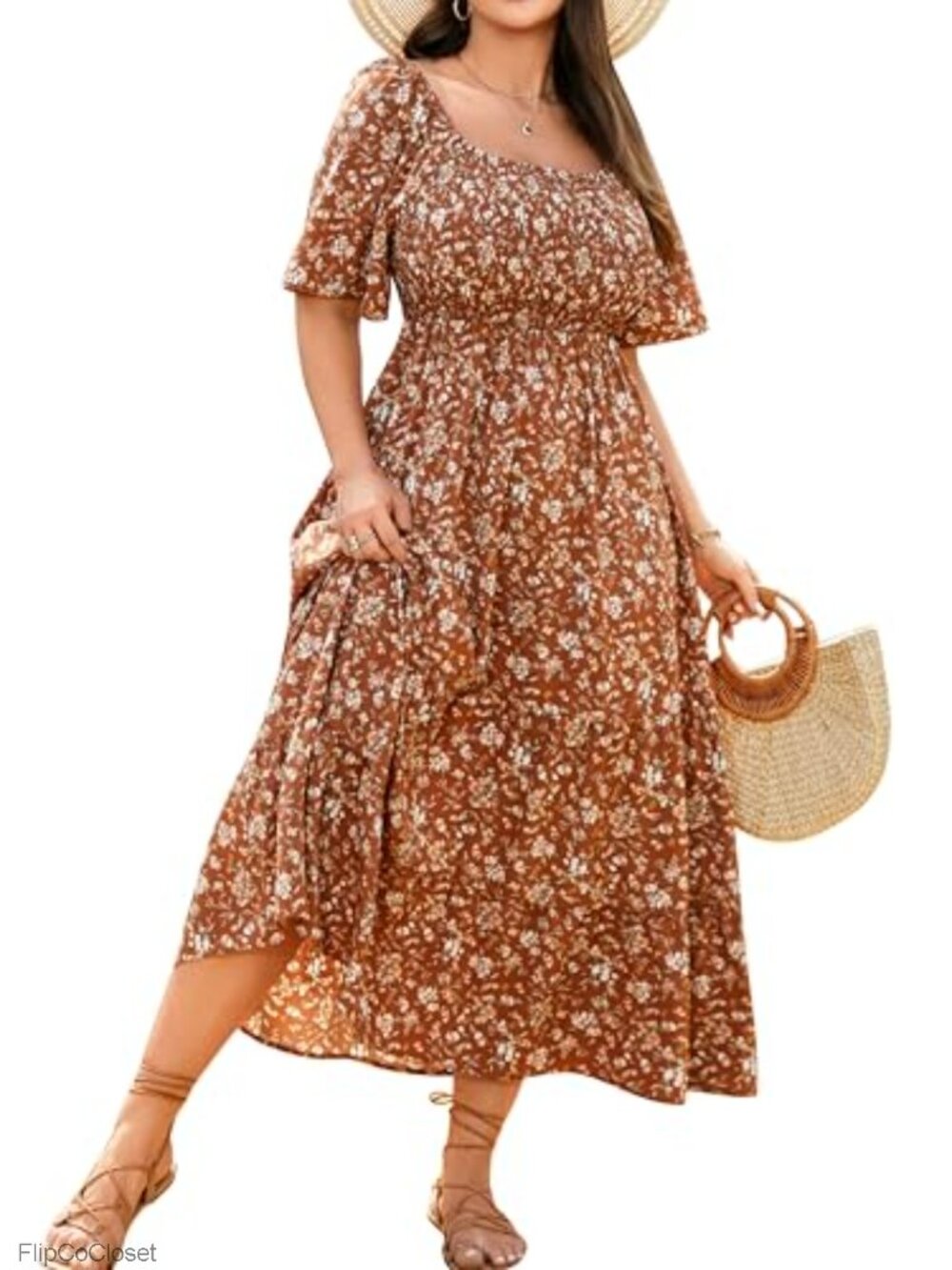 Plus Size Smocked Boho Maxi Dress Square Neck Short Sleeve 100% Polyester